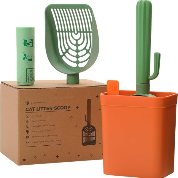 Cactus-Style Cat Litter Scoop Set — Eco-Friendly Dual Shovels, Holder & Trash Bag Storage
