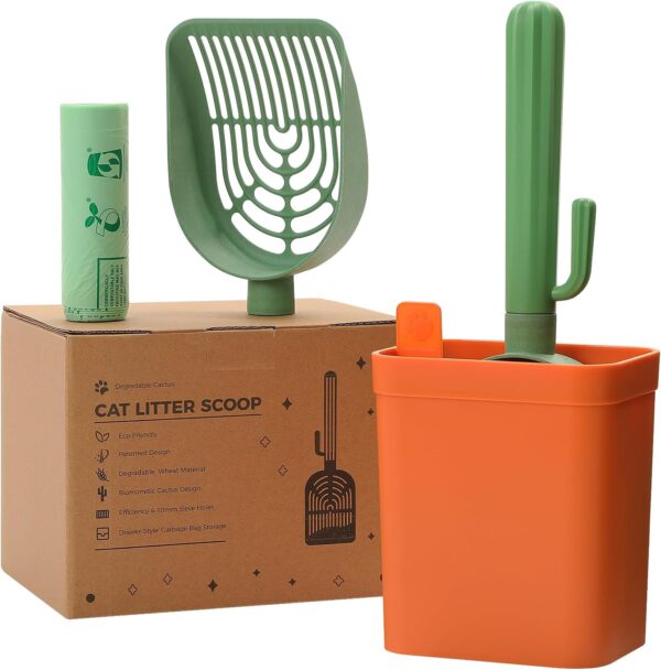 Cactus-Style Cat Litter Scoop Set — Eco-Friendly Dual Shovels, Holder & Trash Bag Storage