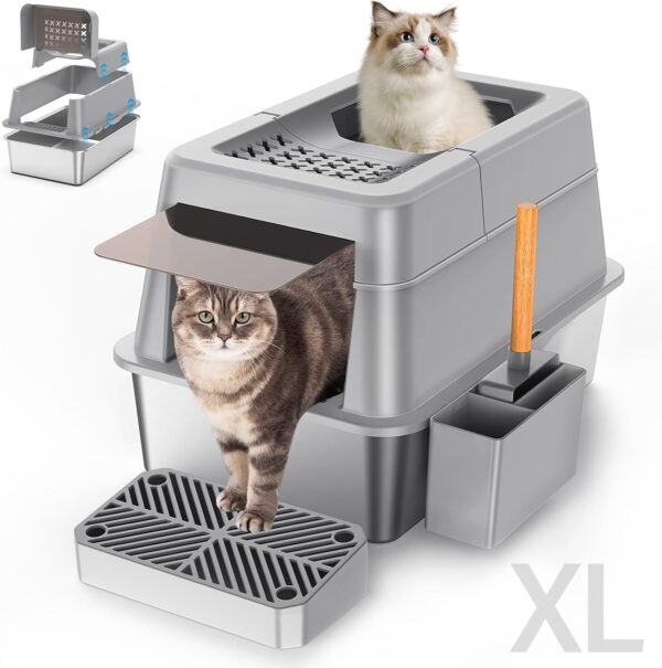 XL 304 Stainless Steel Enclosed Litter Box — Top Entry, 110° Flip Cover & High Sided Anti-Leak Design