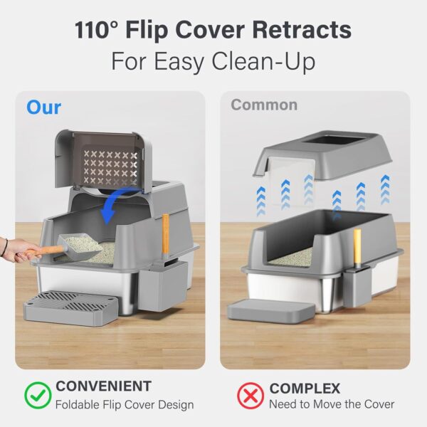 XL 304 Stainless Steel Enclosed Litter Box — Top Entry, 110° Flip Cover & High Sided Anti-Leak Design