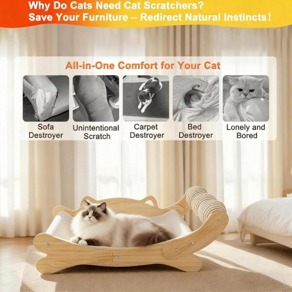 3-in-1 Wooden Cat Scratcher Bed — Hammock Lounge, Scratching Post & Perch for Indoor Cats