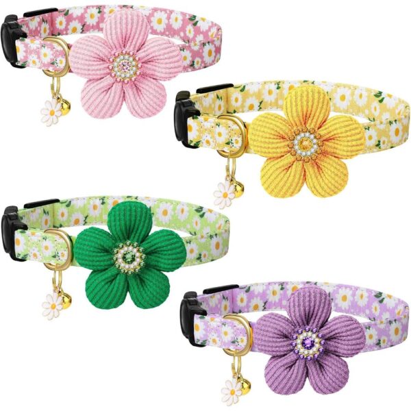 4-Pack Breakaway Floral Cat Collars with Bells & Bowties – Adjustable Safety Kitten Collars for Girl & Boy Cats