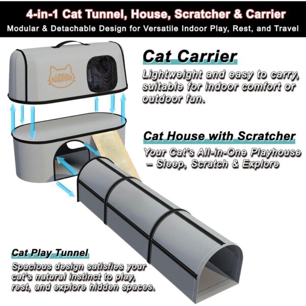 4-in-1 Cat Tunnel, House, Carrier & Scratcher – Modular Indoor/Outdoor Cat Furniture & Play System