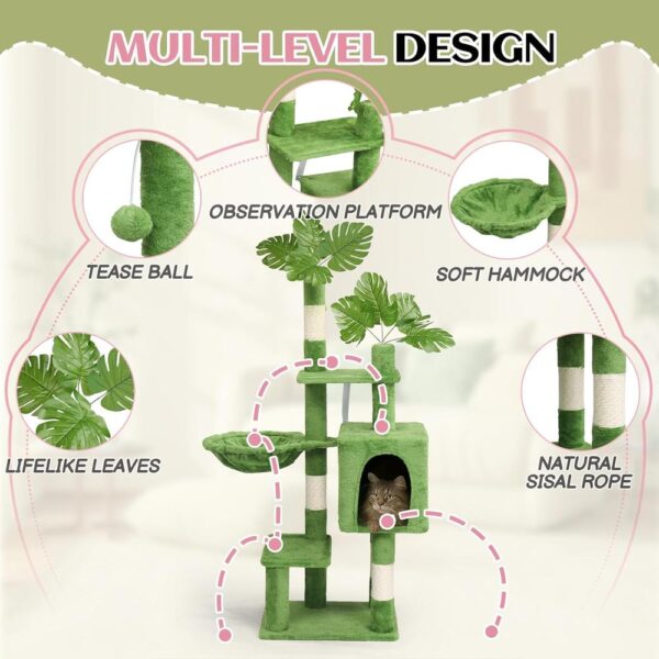 48" Green Leaf Cat Tree Tower – Multi-Level Cat Condo with Hammock, Scratching Posts & Natural Leaf Design