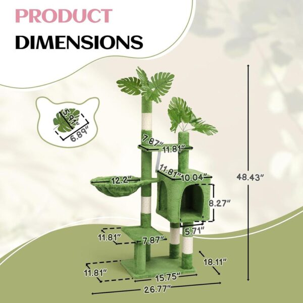 48" Green Leaf Cat Tree Tower – Multi-Level Cat Condo with Hammock, Scratching Posts & Natural Leaf Design