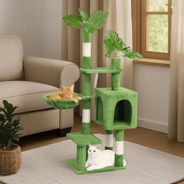 48" Green Leaf Cat Tree Tower – Multi-Level Cat Condo with Hammock, Scratching Posts & Natural Leaf Design