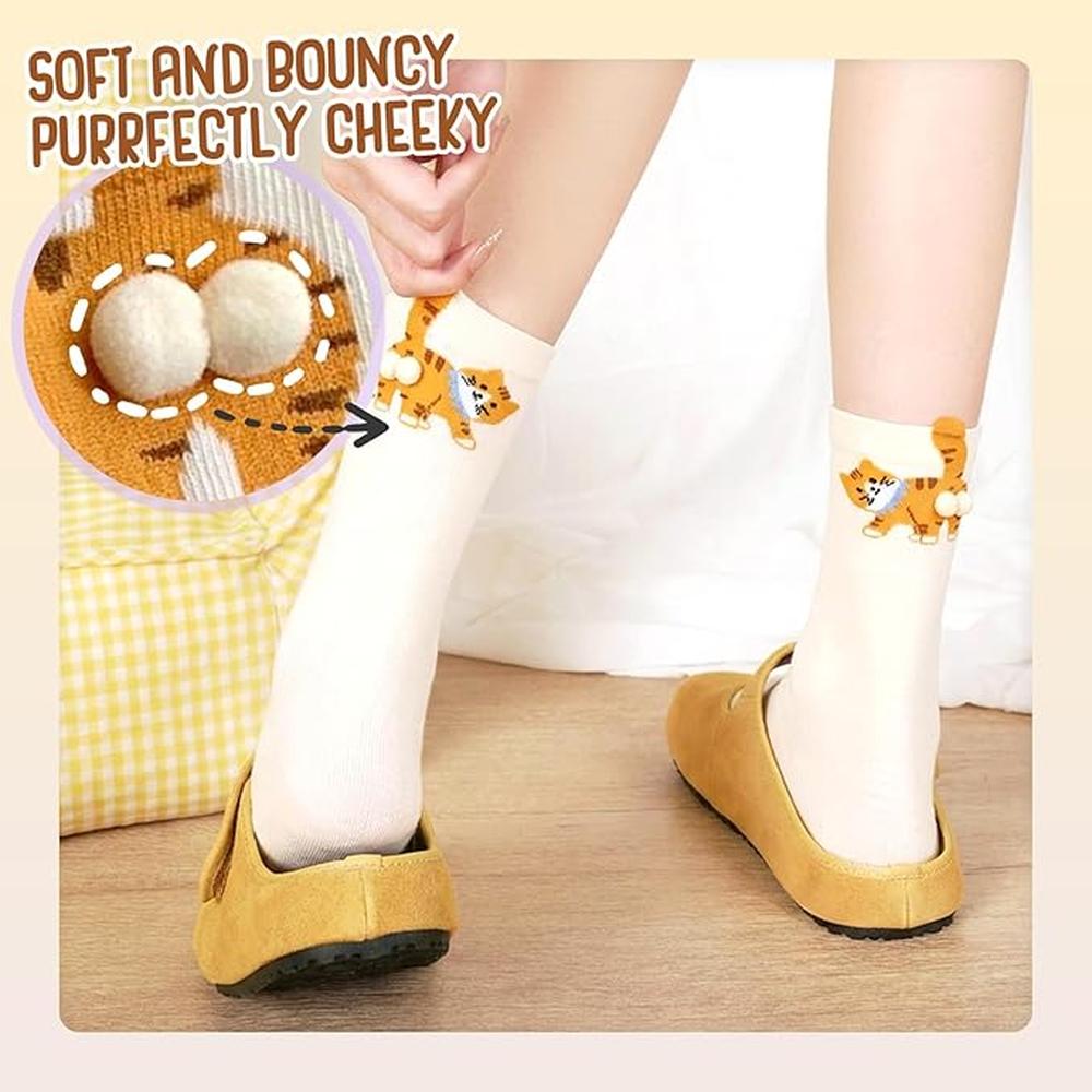 5 Pairs Funny Cat Socks with Pom Poms for Women