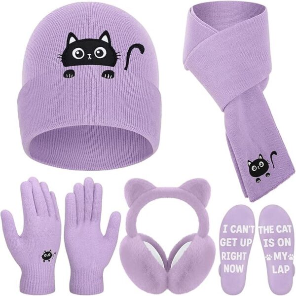 5-Piece Winter Cat Lover Set – Knit Beanie, Scarf, Gloves, Earmuffs & Socks with Cute Black Cat Embroidery