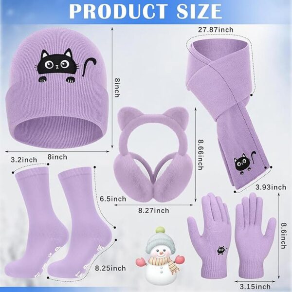 5-Piece Winter Cat Lover Set – Knit Beanie, Scarf, Gloves, Earmuffs & Socks with Cute Black Cat Embroidery