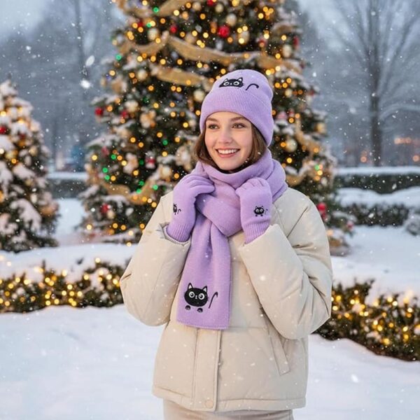 5-Piece Winter Cat Lover Set – Knit Beanie, Scarf, Gloves, Earmuffs & Socks with Cute Black Cat Embroidery