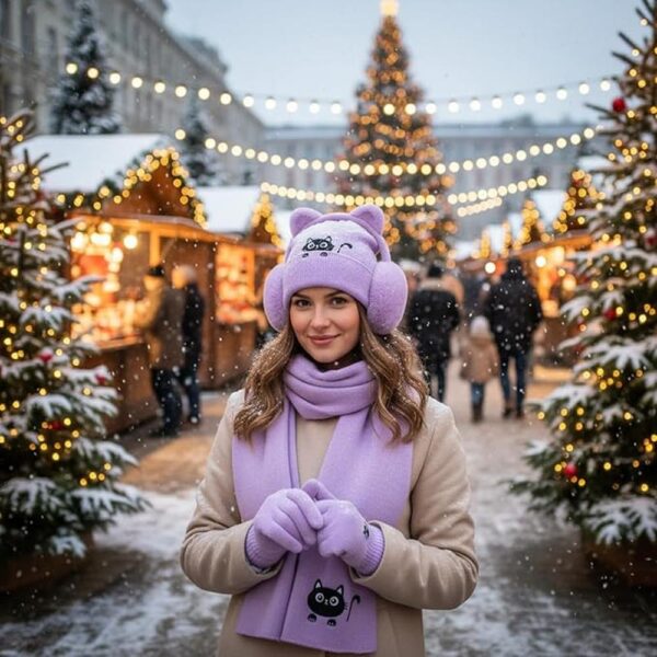 5-Piece Winter Cat Lover Set – Knit Beanie, Scarf, Gloves, Earmuffs & Socks with Cute Black Cat Embroidery