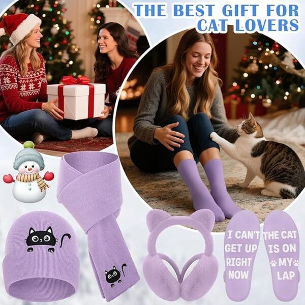5-Piece Winter Cat Lover Set – Knit Beanie, Scarf, Gloves, Earmuffs & Socks with Cute Black Cat Embroidery