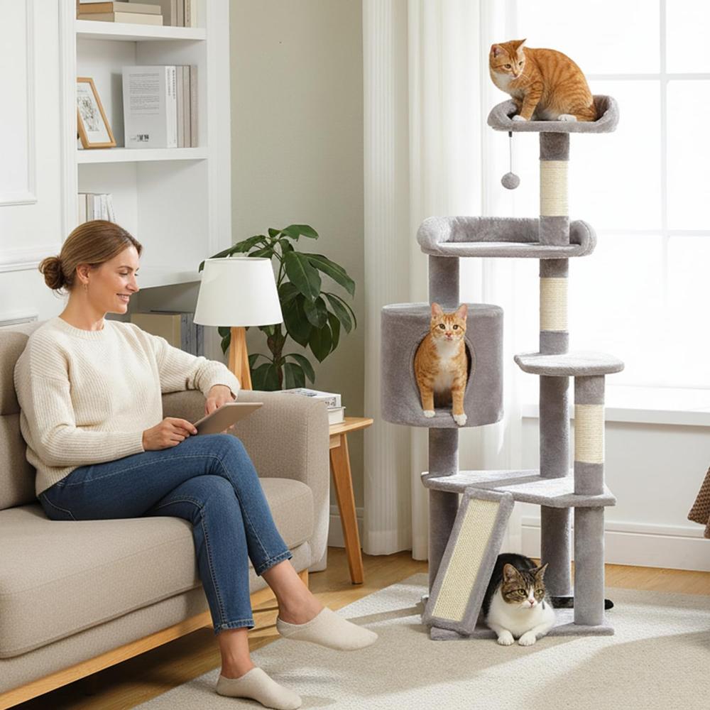 51-inch Multi-Level Cat Tree Tower with Scratching Posts and Hammock