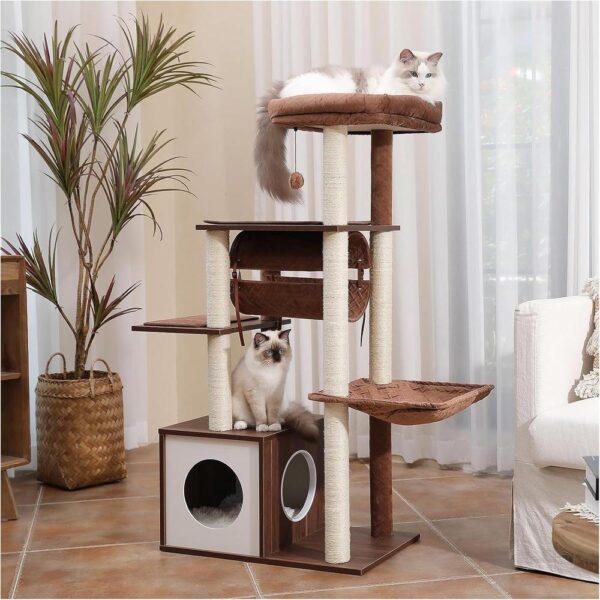 52" Modern Wooden Cat Tree for Large Cats – Extra-Sturdy Tower with Sisal Posts, XL Hammock, Condo, Perch & Swing Tunnel