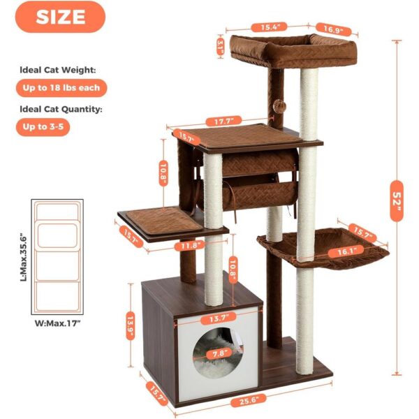 52" Modern Wooden Cat Tree for Large Cats – Extra-Sturdy Tower with Sisal Posts, XL Hammock, Condo, Perch & Swing Tunnel