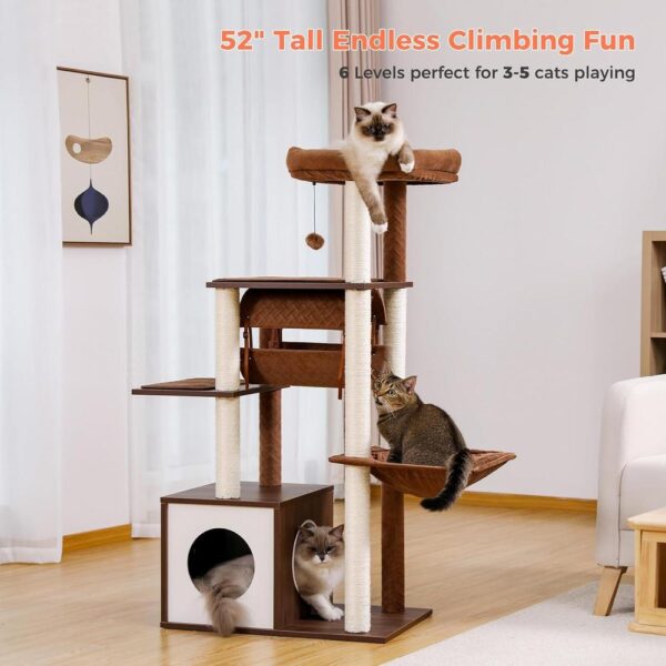 52" Modern Wooden Cat Tree for Large Cats – Extra-Sturdy Tower with Sisal Posts, XL Hammock, Condo, Perch & Swing Tunnel