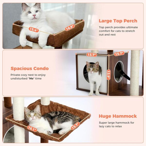 52" Modern Wooden Cat Tree for Large Cats – Extra-Sturdy Tower with Sisal Posts, XL Hammock, Condo, Perch & Swing Tunnel