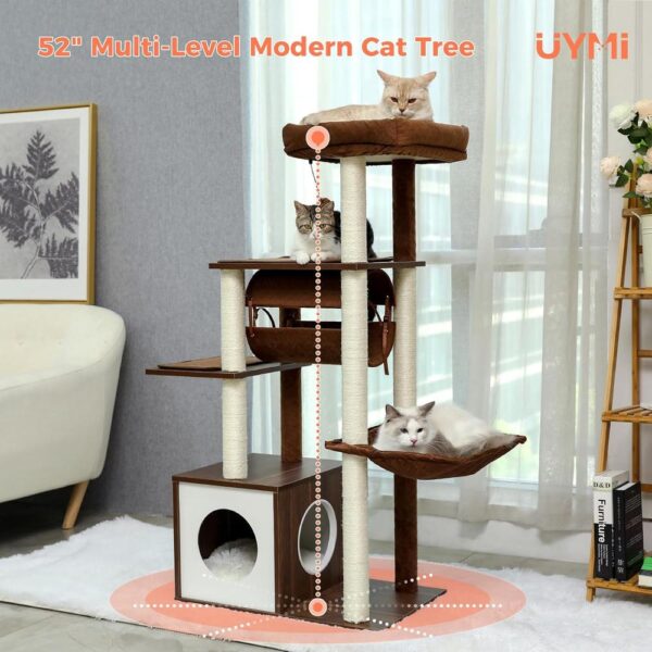 52" Modern Wooden Cat Tree for Large Cats – Extra-Sturdy Tower with Sisal Posts, XL Hammock, Condo, Perch & Swing Tunnel
