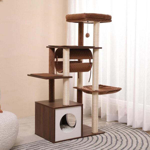 52" Modern Wooden Cat Tree for Large Cats – Extra-Sturdy Tower with Sisal Posts, XL Hammock, Condo, Perch & Swing Tunnel