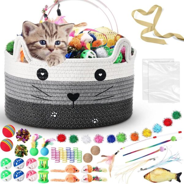 76-Piece Cat Toy Gift Set with Woven Storage Basket – Interactive Indoor Kitten Toys, Springs, Balls, Plush Mice & Wand Toys