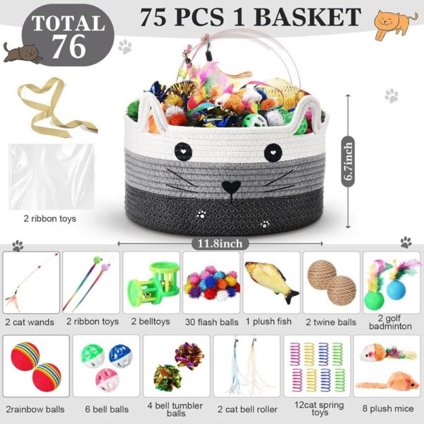 76-Piece Cat Toy Gift Set with Woven Storage Basket – Interactive Indoor Kitten Toys, Springs, Balls, Plush Mice & Wand Toys