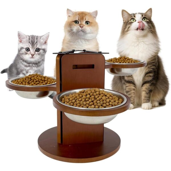 Adjustable Elevated Cat Bowl Stand — 3 Stainless Steel Bowls & 3-Height Bamboo Feeding Station