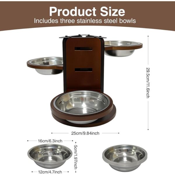 Adjustable Elevated Cat Bowl Stand — 3 Stainless Steel Bowls & 3-Height Bamboo Feeding Station