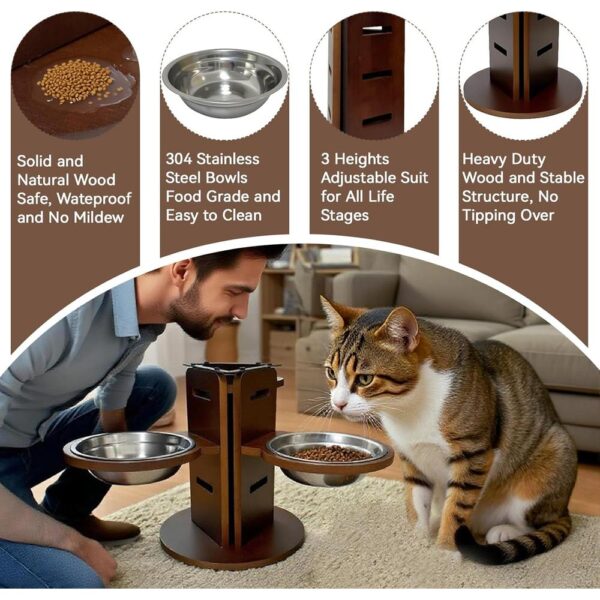 Adjustable Elevated Cat Bowl Stand — 3 Stainless Steel Bowls & 3-Height Bamboo Feeding Station
