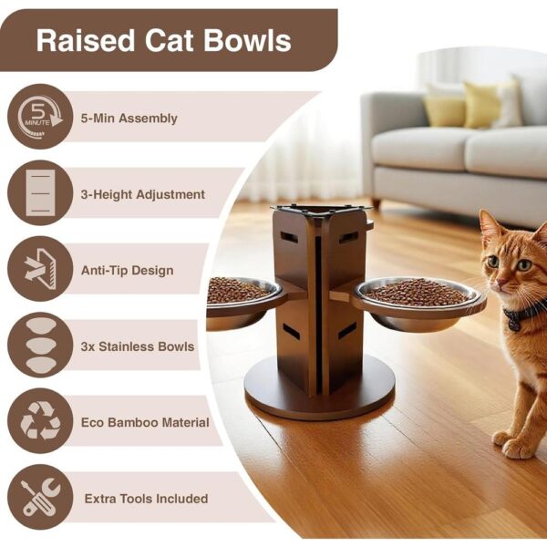 Adjustable Elevated Cat Bowl Stand — 3 Stainless Steel Bowls & 3-Height Bamboo Feeding Station