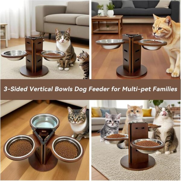 Adjustable Elevated Cat Bowl Stand — 3 Stainless Steel Bowls & 3-Height Bamboo Feeding Station