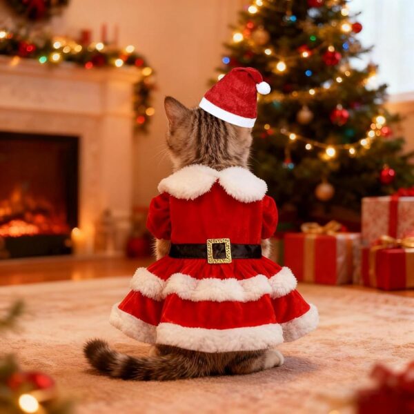 Cat Christmas Dress with Santa Hat – Festive Holiday Outfit for Cats