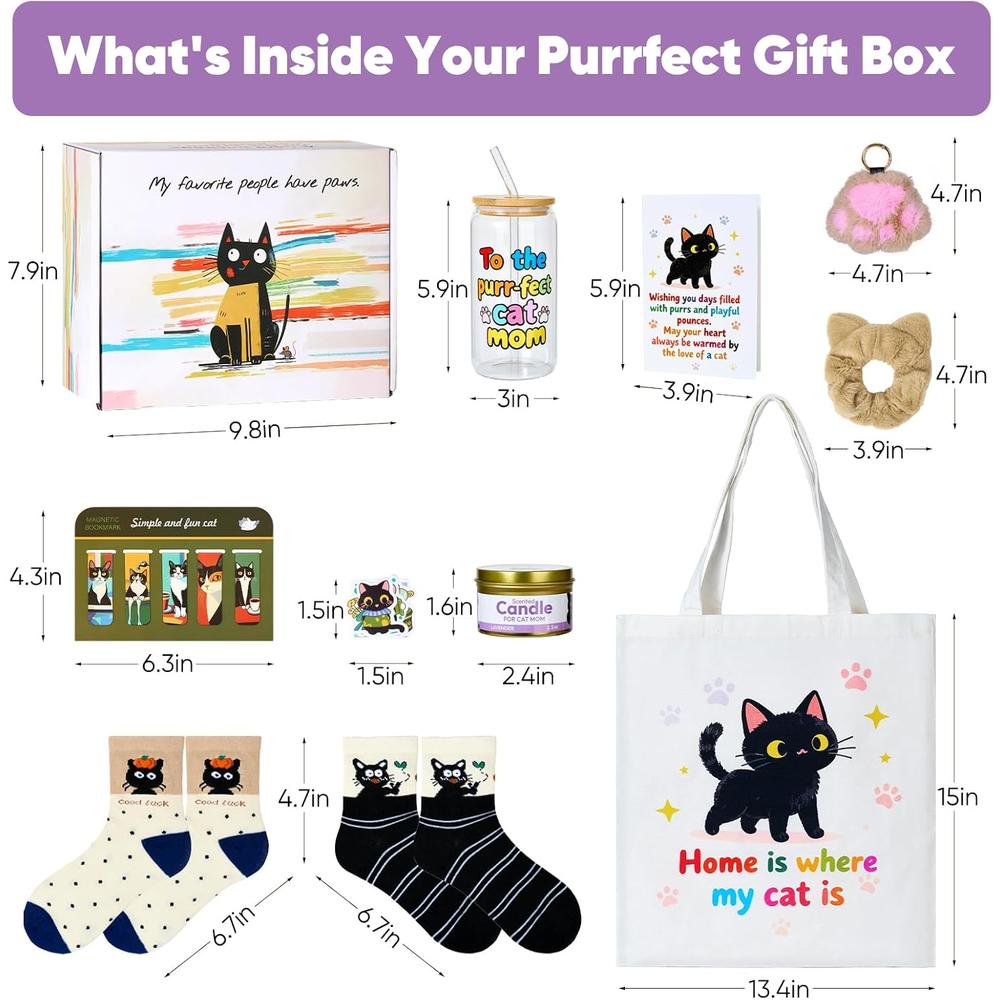 Cat Lover Gift Box Set for Women with Cup, Socks, Candle and Tote Bag