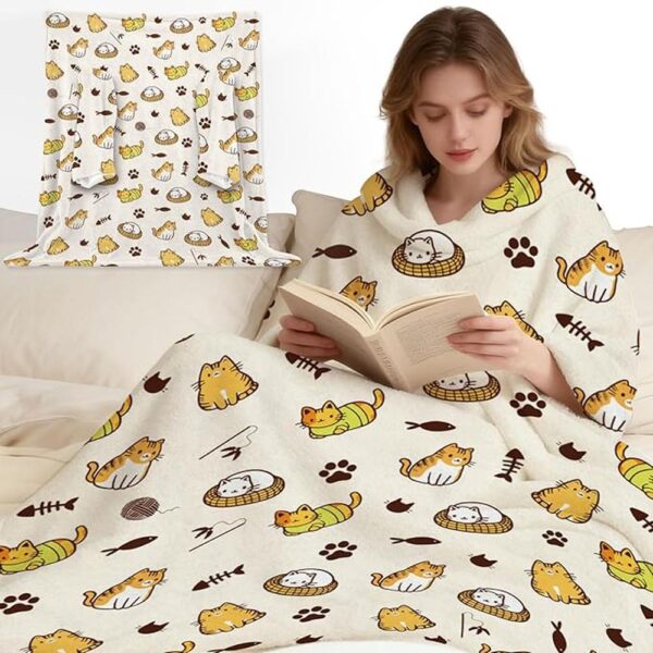 Cat Wearable Blanket with Sleeves – Cozy Flannel Snug Wrap for Women & Girls | Soft TV Sofa Throw for Cat Lovers