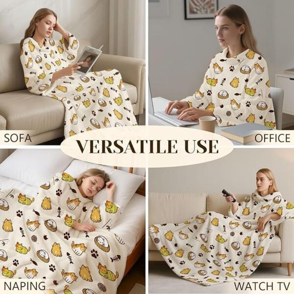 Cat Wearable Blanket with Sleeves – Cozy Flannel Snug Wrap for Women & Girls | Soft TV Sofa Throw for Cat Lovers