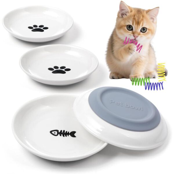 Ceramic Shallow Cat Bowls -01 Ceramic Shallow Cat Bowls — 4-Piece Set with Non-Slip Base & Spring Toys for Indoor Cats