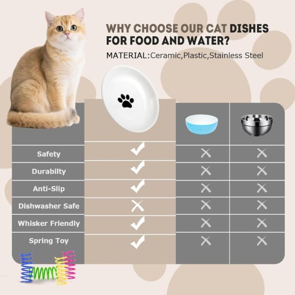 Ceramic Shallow Cat Bowls — 4-Piece Set with Non-Slip Base & Spring Toys for Indoor Cats