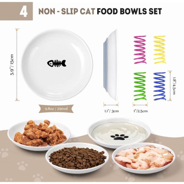 Ceramic Shallow Cat Bowls — 4-Piece Set with Non-Slip Base & Spring Toys for Indoor Cats