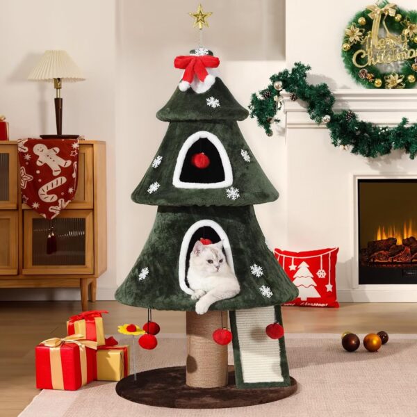 Christmas Cat Tree Tower – Festive Cat House with 2 Cozy Condos, Climbing Ladder & Sisal Posts for Indoor Cats