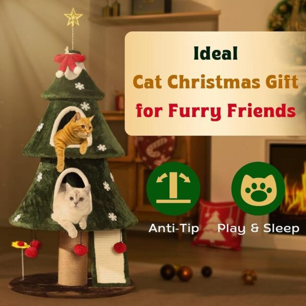 Christmas Cat Tree Tower – Festive Cat House with 2 Cozy Condos, Climbing Ladder & Sisal Posts for Indoor Cats