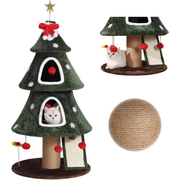 Christmas Cat Tree Tower – Festive Cat House with 2 Cozy Condos, Climbing Ladder & Sisal Posts for Indoor Cats