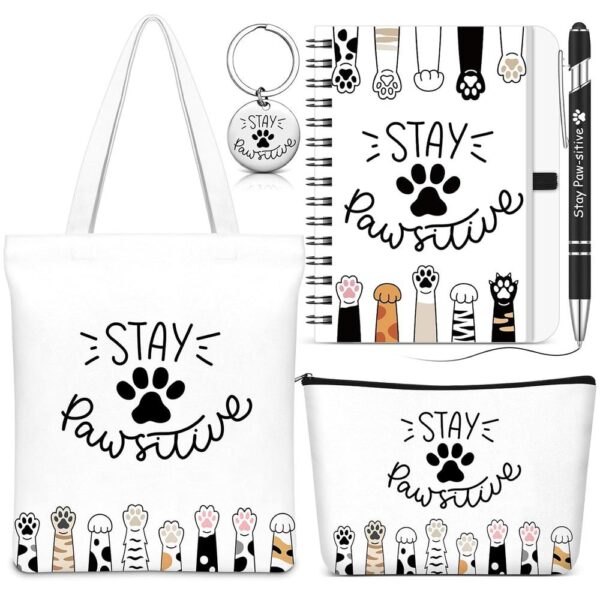 Christmas “Stay Pawsitive” Gift Set – 5-Piece Cat Lover Positive Gift Bundle | Tote Bag, Makeup Bag, Notebook, Pen & Keychain