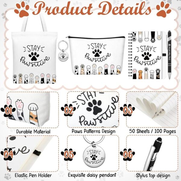 Christmas “Stay Pawsitive” Gift Set – 5-Piece Cat Lover Positive Gift Bundle | Tote Bag, Makeup Bag, Notebook, Pen & Keychain