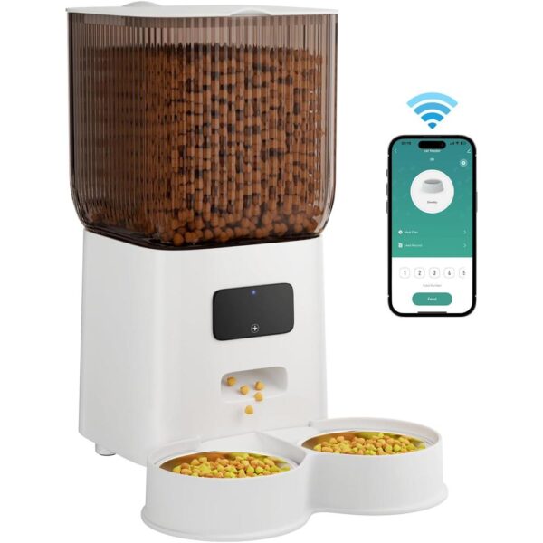 Dual-Bowl Smart Cat Feeder with Wi-Fi Control – 5L Auto Food Dispenser for Two Cats with Timed Meals & Backup Power