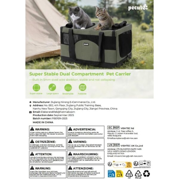 Dual-Space Travel Carrier for Two Cats – Expandable Soft-Sided Pet Carrier with Removable Divider, Reinforced Frame & Foldable Design