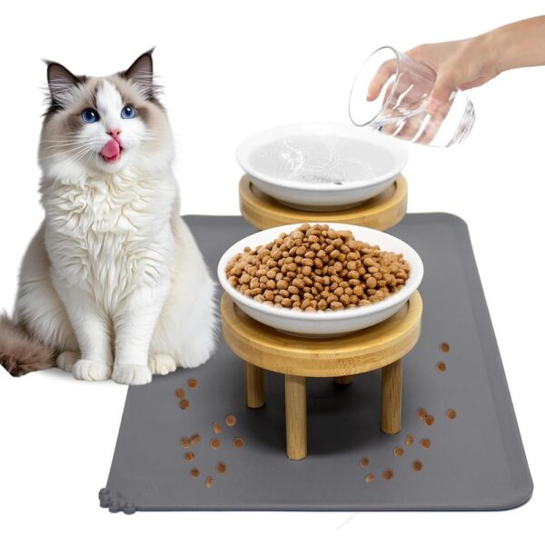 Elevated Ceramic Cat Bowls with Silicone Mat -01 Elevated Ceramic Cat Bowls with Silicone Mat — Raised, Whisker-Friendly & Bamboo Stand Feeding Set