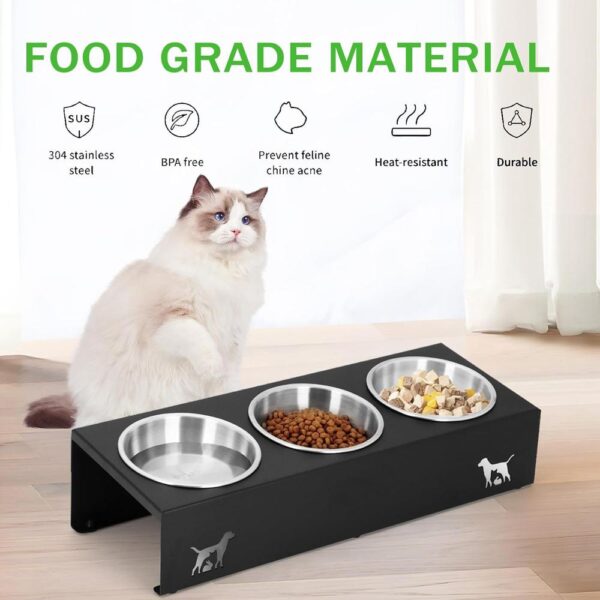 Elevated Triple Stainless Steel Cat Food Bowl — 15° Tilt, Anti-Vomit Design & Non-Slip Stand