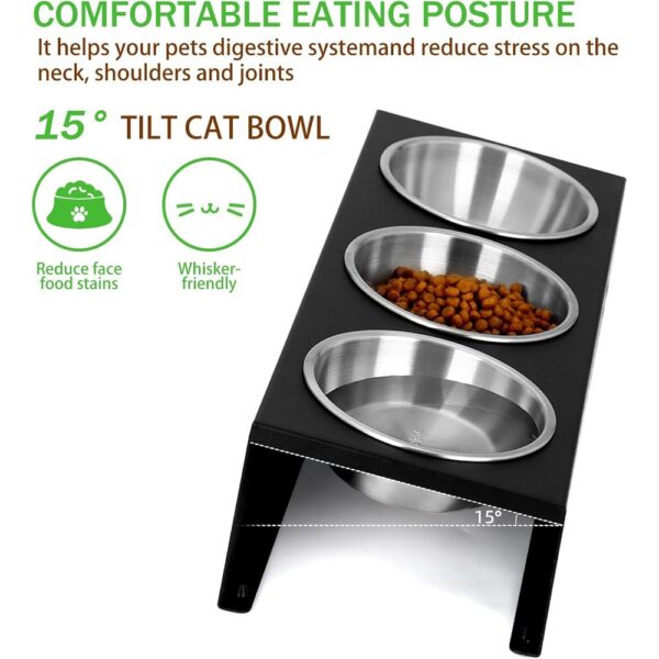 Elevated Triple Stainless Steel Cat Food Bowl — 15° Tilt, Anti-Vomit Design & Non-Slip Stand