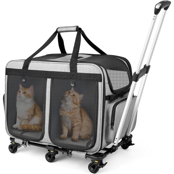 Extra Large Double Cat Carrier with Lockable Wheels-01 Extra Large Double Cat Carrier with Lockable Wheels – 2-in-1 Convertible Rolling Travel Crate for 2 Cats, 40 lb Capacity, Foldable with Multi-Entry Mesh Windows