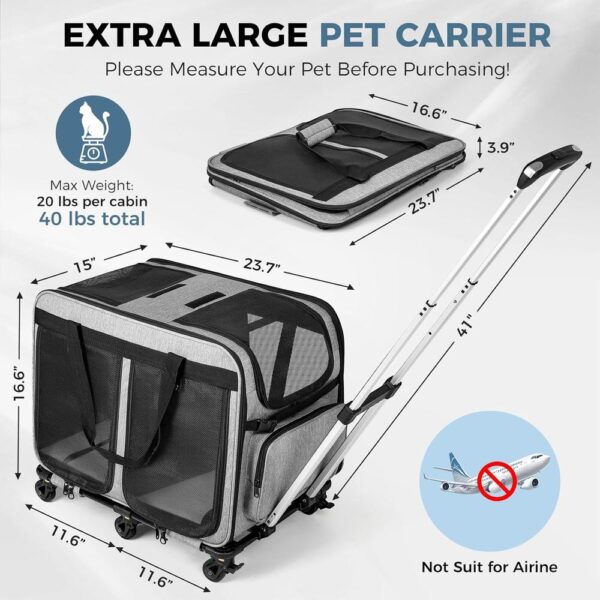 Extra Large Double Cat Carrier with Lockable Wheels – 2-in-1 Convertible Rolling Travel Crate for 2 Cats, 40 lb Capacity, Foldable with Multi-Entry Mesh Windows