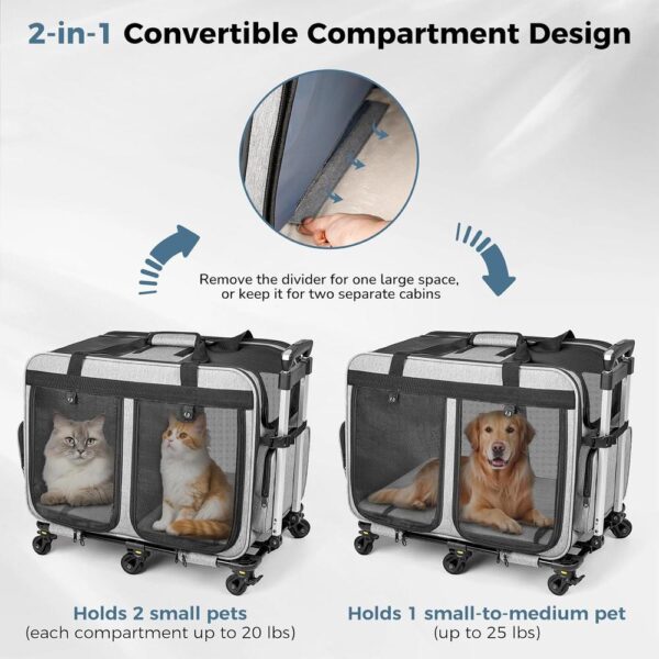 Extra Large Double Cat Carrier with Lockable Wheels – 2-in-1 Convertible Rolling Travel Crate for 2 Cats, 40 lb Capacity, Foldable with Multi-Entry Mesh Windows